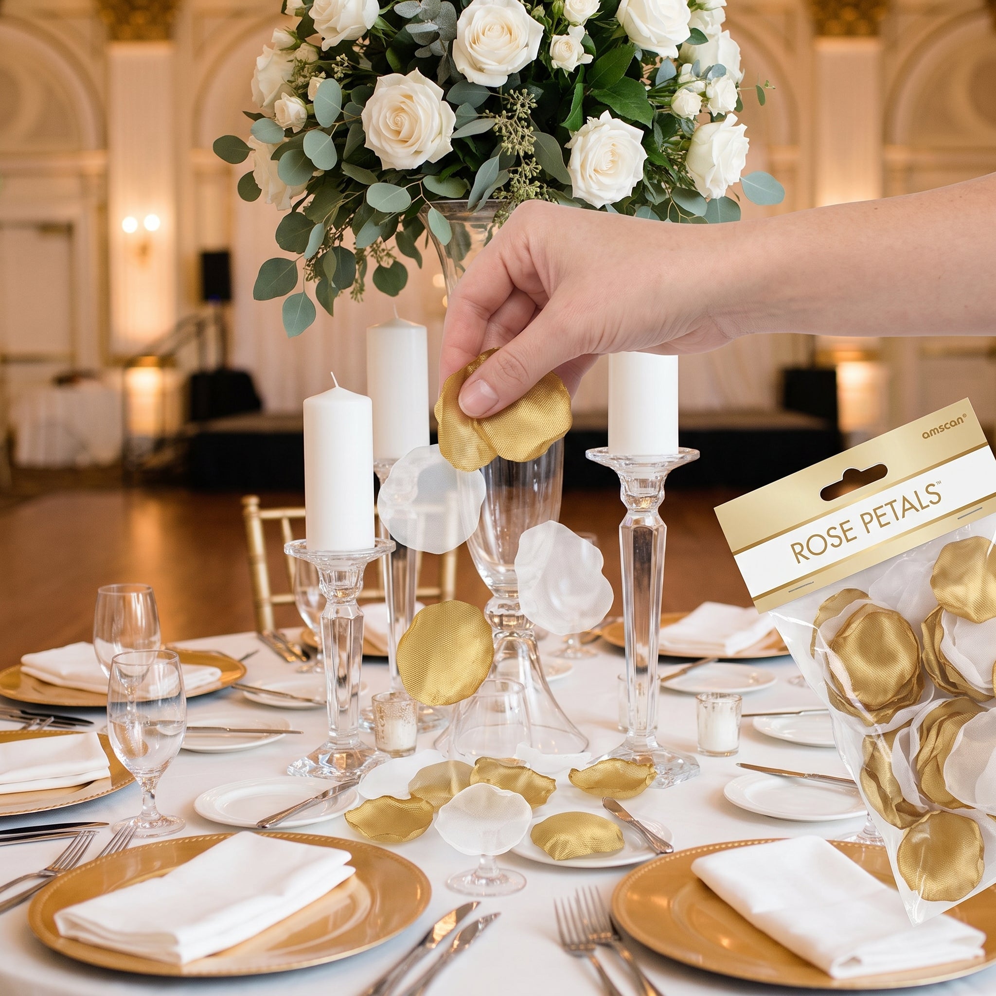 Gold & White Fabric Rose Petal Confetti - 300 Pieces