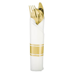 Elegant Gold Rolled Cutlery Set with Printed Guest Towel 10 pack