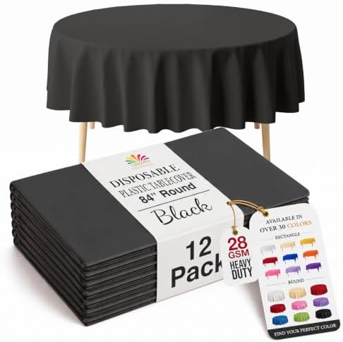 Black Round Plastic Table Covers | 12 Pack | 84 in.