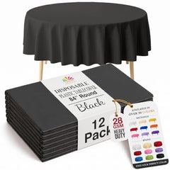 Black Round Plastic Table Covers | 12 Pack | 84 in.