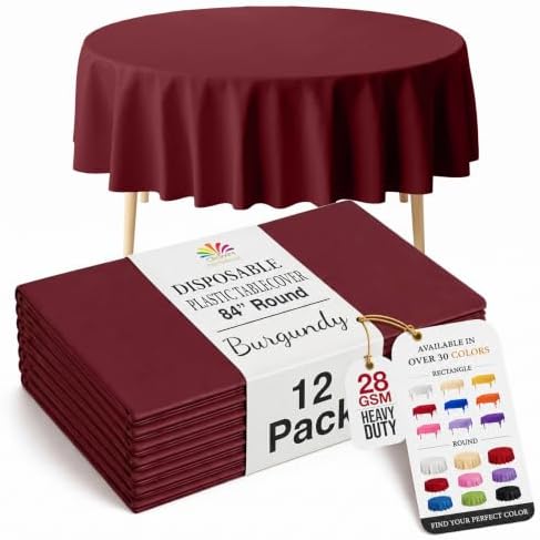 Round Burgundy Plastic Table Covers | 12 Pack | 84 in.