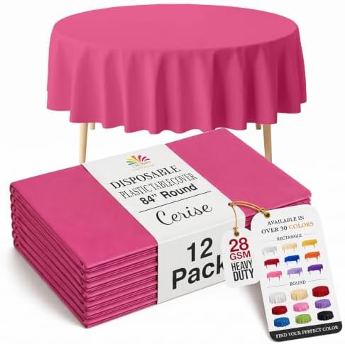 Cerise Round Plastic Table Covers | 12 Pack | 84 in.