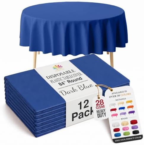 Dark Blue Round Plastic Table Covers | 12 Pack | 84 in.
