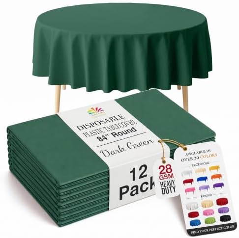 Dark Green Round Plastic Table Covers | 12 Pack | 84 in.