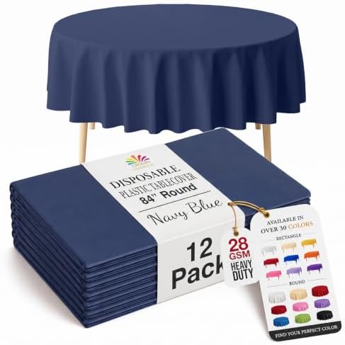 Navy Blue Round Plastic Table Covers | 12 Pack | 84 in.