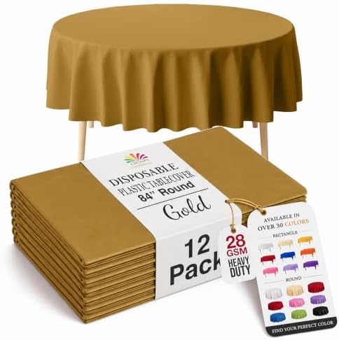Gold Round Plastic Table Covers | 12 Pack | 84 in.