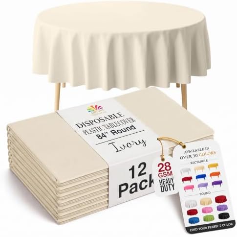 Round Ivory Plastic Table Covers | 12 Pack | 84 in.