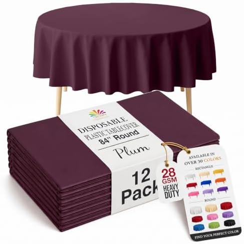 Round Plum Plastic Table Covers | 12 Pack | 84 in.