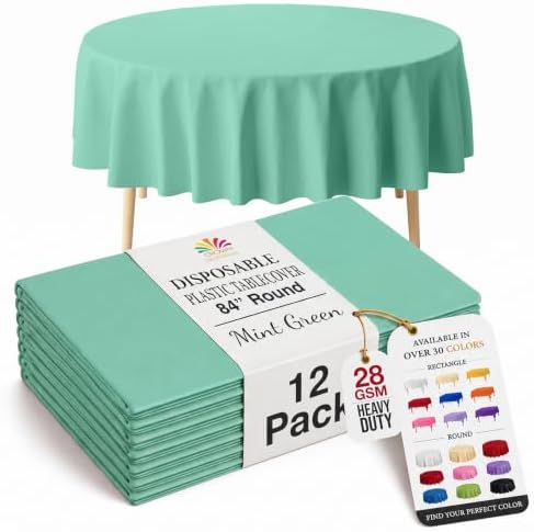 Round Mint Plastic Table Covers | 12 Pack | 84 in.