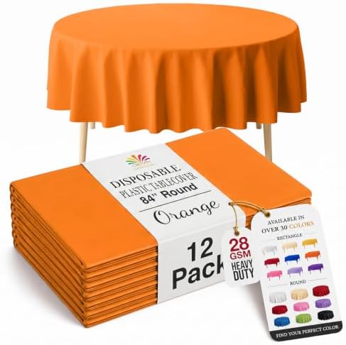 Round Orange Plastic Table Covers | 12 Pack | 84 in.