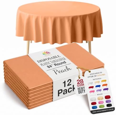 Round Peach Plastic Table Covers | 12 Pack | 84 in.