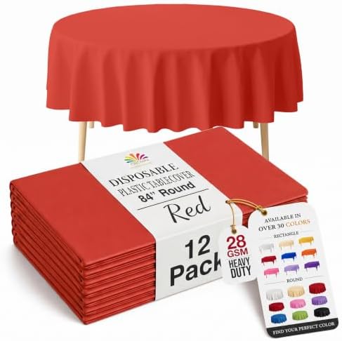 Round Red Plastic Table Covers | 12 Pack | 84 in.