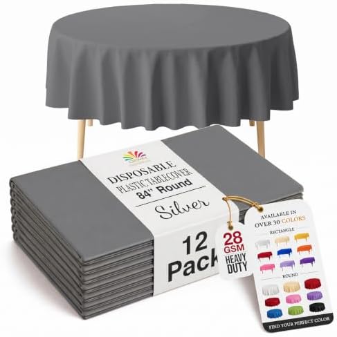 Round Silver Plastic Table Covers | 12 Pack | 84 in.