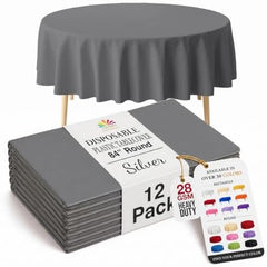 Round Silver Plastic Table Covers | 12 Pack | 84 in.