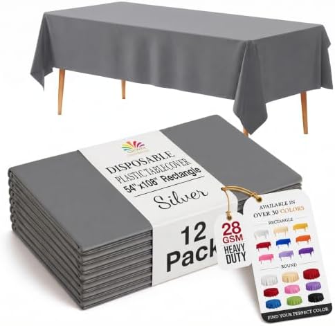 Silver Plastic Table Covers | 12 Pack | 54 in. x 108 in.