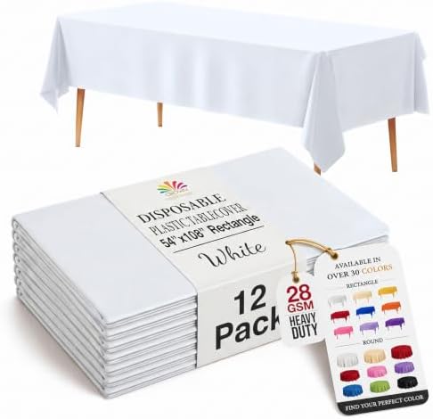White Plastic Table Covers | 12 Pack | 54 in. x 108 in.