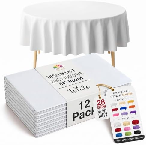 Round White Plastic Table Covers | 12 Pack | 84 in.