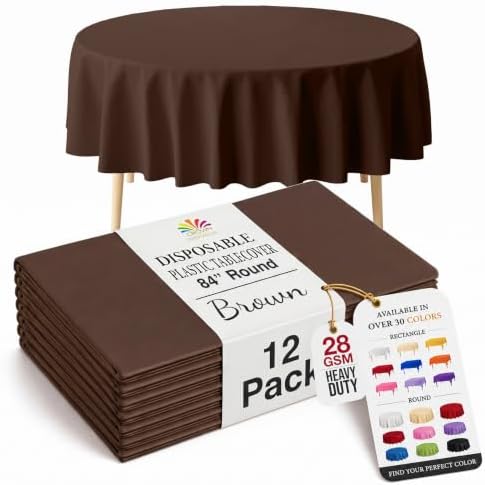 Round Brown Plastic Table Covers | 12 Pack | 84 in.