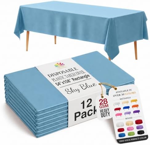 Sky Blue Plastic Table Covers | 12 Pack | 54 in. x 108 in.