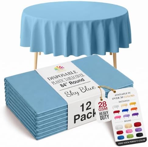 Round Sky Blue Plastic Table Covers | 12 Pack | 84 in.