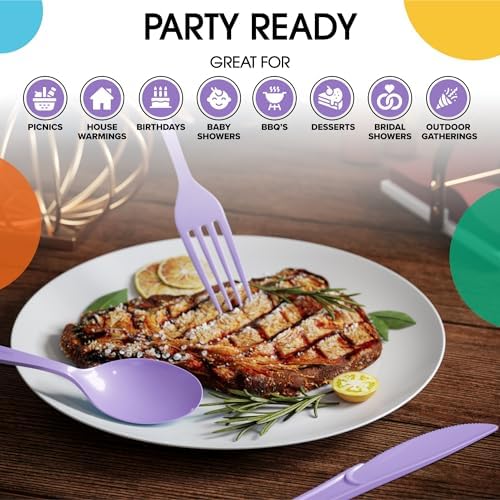 Lavender Cutlery Combo Set | 50 Forks 50 Spoons And 50 Knives | 7.5 in.
