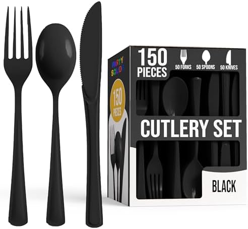Black Cutlery Combo Set | 50 Forks 50 Spoons And 50 Knives | 7.5 in.