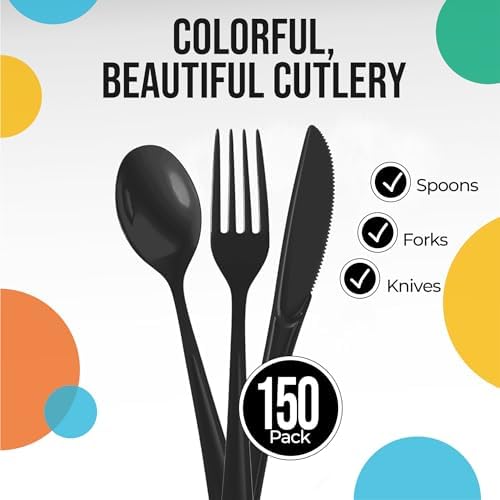Black Cutlery Combo Set | 50 Forks 50 Spoons And 50 Knives | 7.5 in.