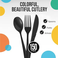 Black Cutlery Combo Set | 50 Forks 50 Spoons And 50 Knives | 7.5 in.