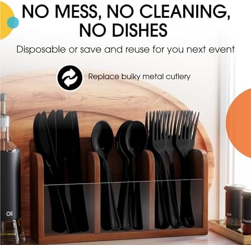 Black Cutlery Combo Set | 50 Forks 50 Spoons And 50 Knives | 7.5 in.
