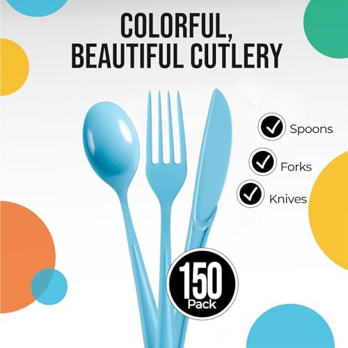 Light Blue Cutlery Combo Set | 50 Forks 50 Spoons And 50 Knives | 7.5 in.