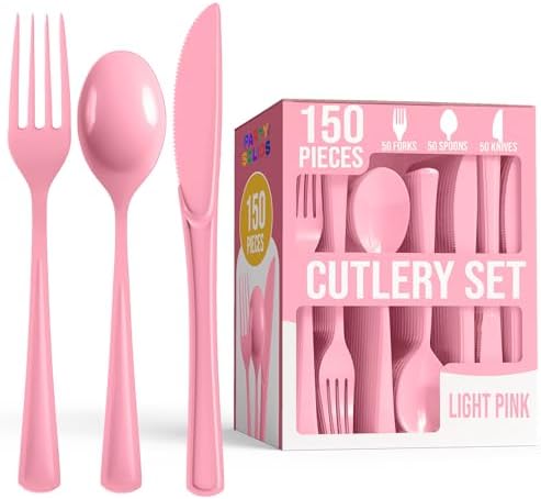 Pink Cutlery Combo Set | 50 Forks 50 Spoons and 50 Knives | 7.5 in.
