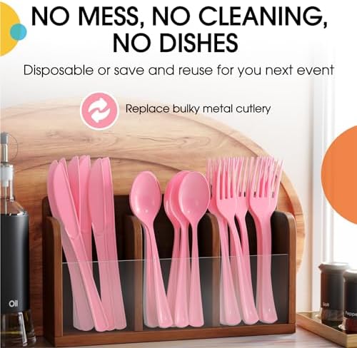 Pink Cutlery Combo Set | 50 Forks 50 Spoons and 50 Knives | 7.5 in.