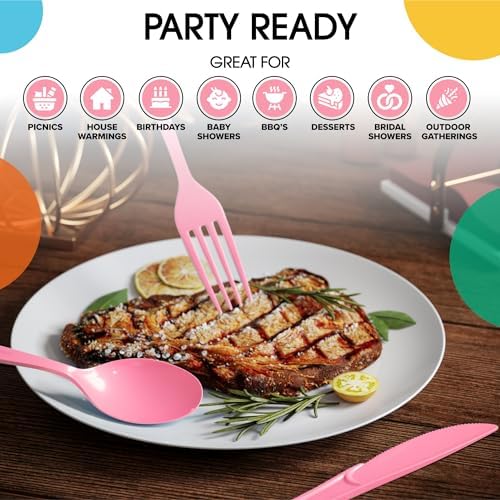 Pink Cutlery Combo Set | 50 Forks 50 Spoons and 50 Knives | 7.5 in.
