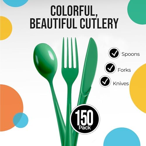 Emerald Green Cutlery Combo Set | 50 Forks 50 Spoons And 50 Knives | 7.5 in.