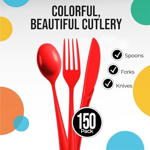 Red Cutlery Combo Set | 50 Forks 50 Spoons And 50 Knives | 7.5 in.