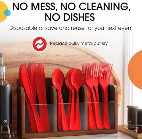 Red Cutlery Combo Set | 50 Forks 50 Spoons And 50 Knives | 7.5 in.