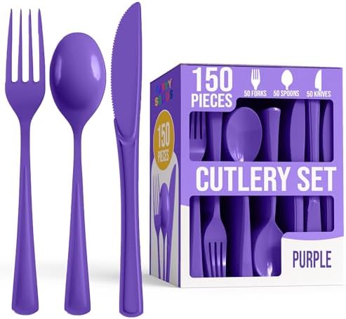 Purple Cutlery Combo Set | 50 Forks 50 Spoons And 50 Knives | 7.5 in.
