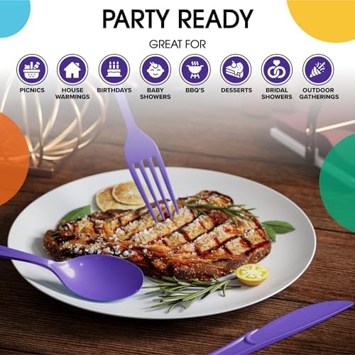 Purple Cutlery Combo Set | 50 Forks 50 Spoons And 50 Knives | 7.5 in.