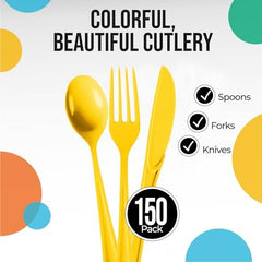 Yellow Cutlery Combo Set | 50 Forks 50 Spoons And 50 Knives | 7.5 in.