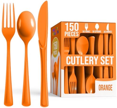 Orange Cutlery Combo Set | 50 Forks 50 Spoons And 50 Knives | 7.5 in.