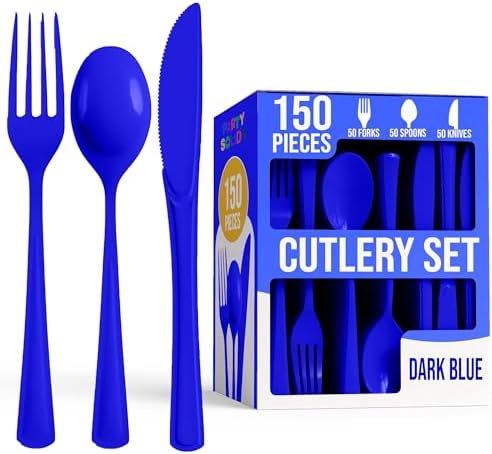 Dark Blue Cutlery Combo Set | 50 Forks 50 Spoons And 50 Knives | 7.5 in.