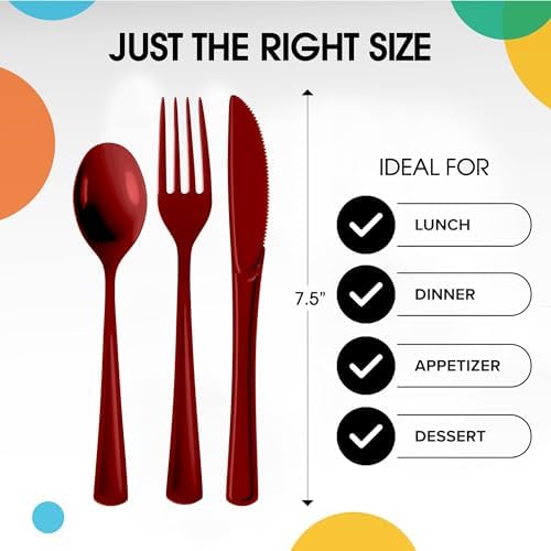 Burgundy Cutlery Combo Set | 50 Forks 50 Spoons And 50 Knives | 7.5 in.