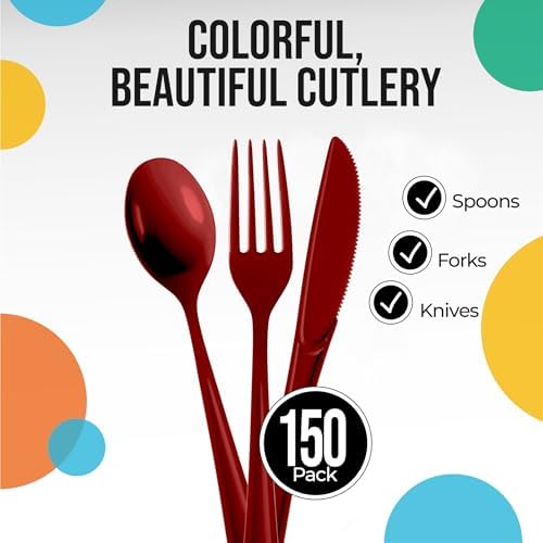 Burgundy Cutlery Combo Set | 50 Forks 50 Spoons And 50 Knives | 7.5 in.