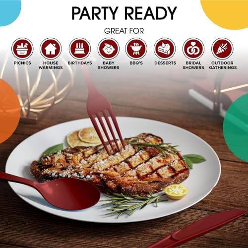 Burgundy Cutlery Combo Set | 50 Forks 50 Spoons And 50 Knives | 7.5 in.