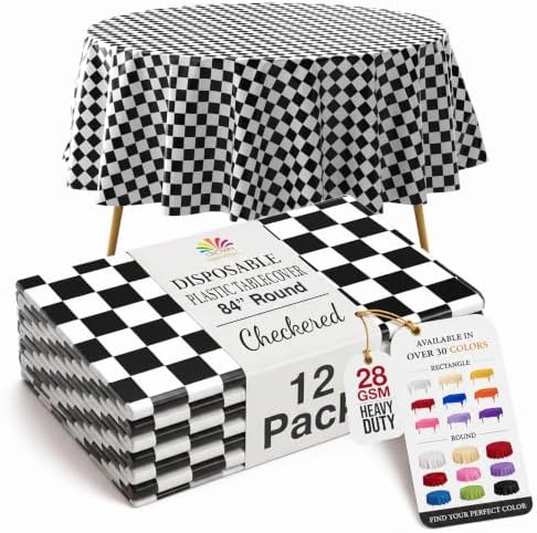 Round Black/White Checkered Plastic Table Covers | 12 Pack | 84 in.