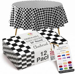 Round Black/White Checkered Plastic Table Covers | 12 Pack | 84 in.