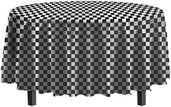 Round Black/White Checkered Plastic Table Covers | 12 Pack | 84 in.