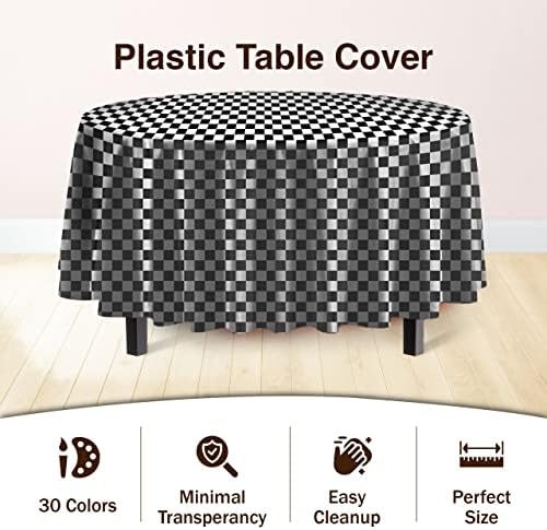 Round Black/White Checkered Plastic Table Covers | 12 Pack | 84 in.