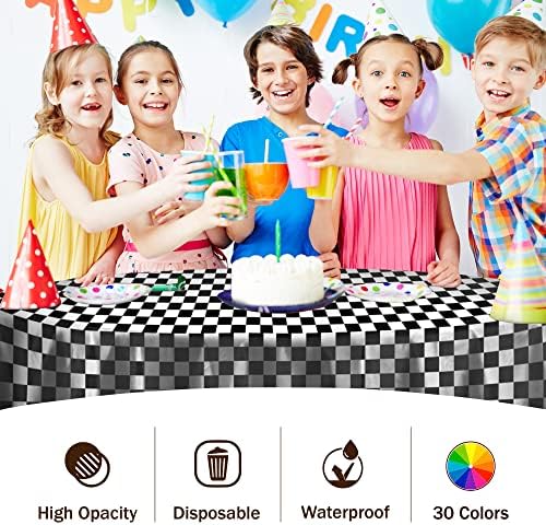 Round Black/White Checkered Plastic Table Covers | 12 Pack | 84 in.