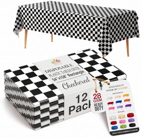 Black/White Checkered Plastic Table Covers | 12 Pack | 54 in. x 108 in.